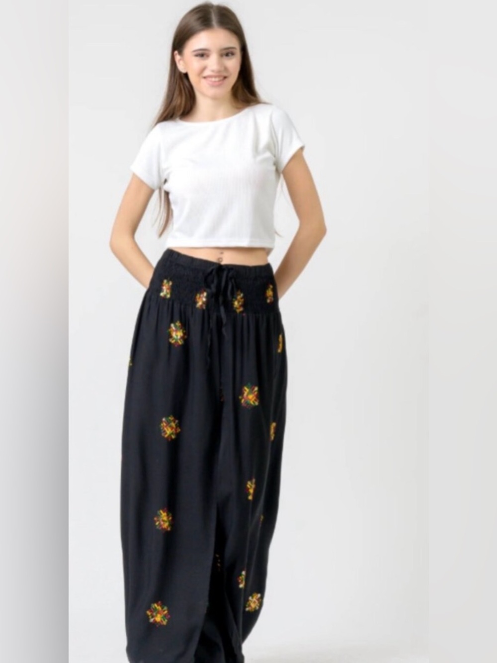 Rhea Charlotte Black Side Flap Viscose Pants With Sequin Embroidery Size S/M NWT